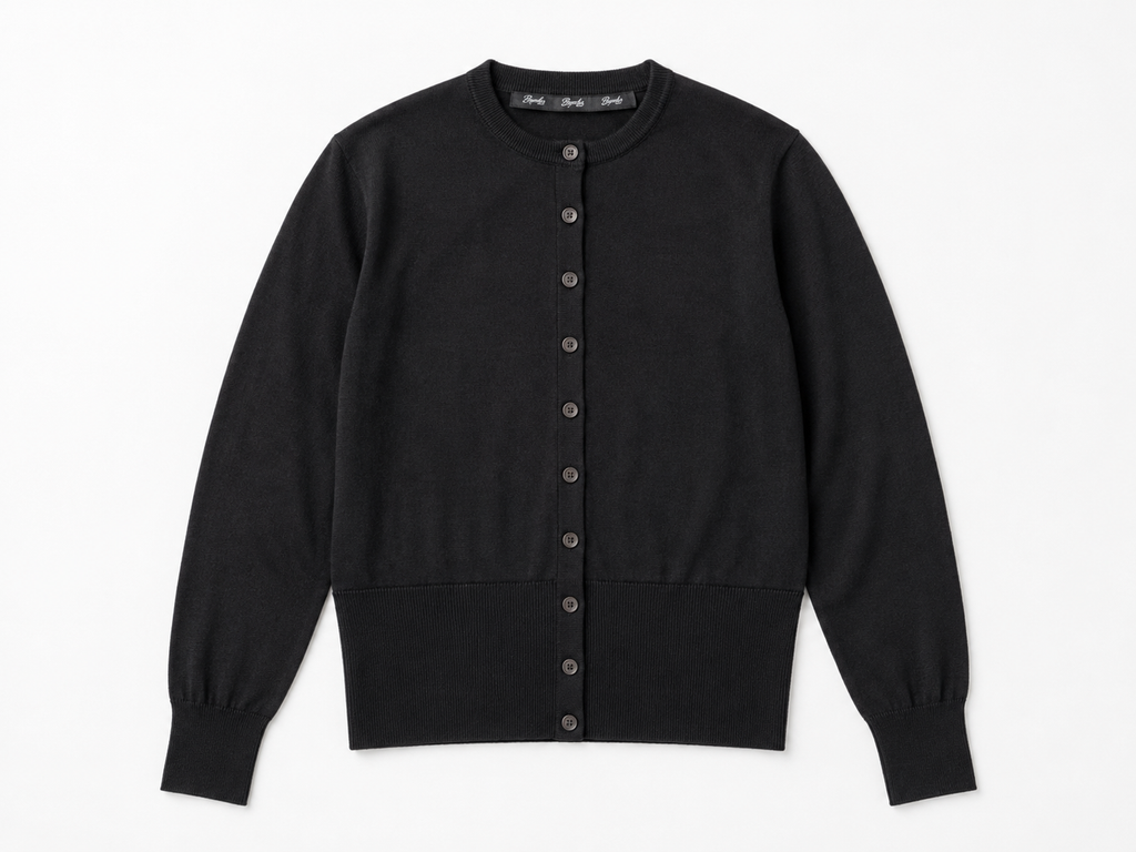 Black Merino Wool Crew Neck Cardigan