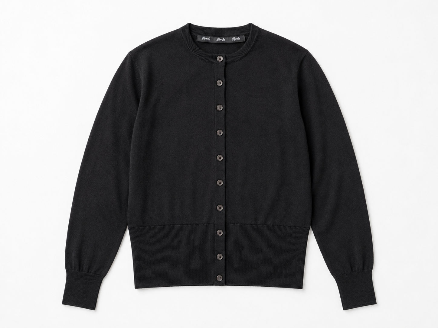 Black Merino Wool Crew Neck Cardigan