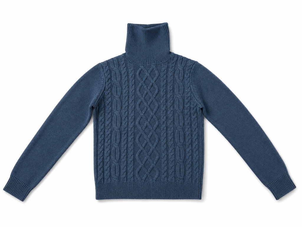 Blue Merino Wool Cable-Knit Roll Neck Jumper