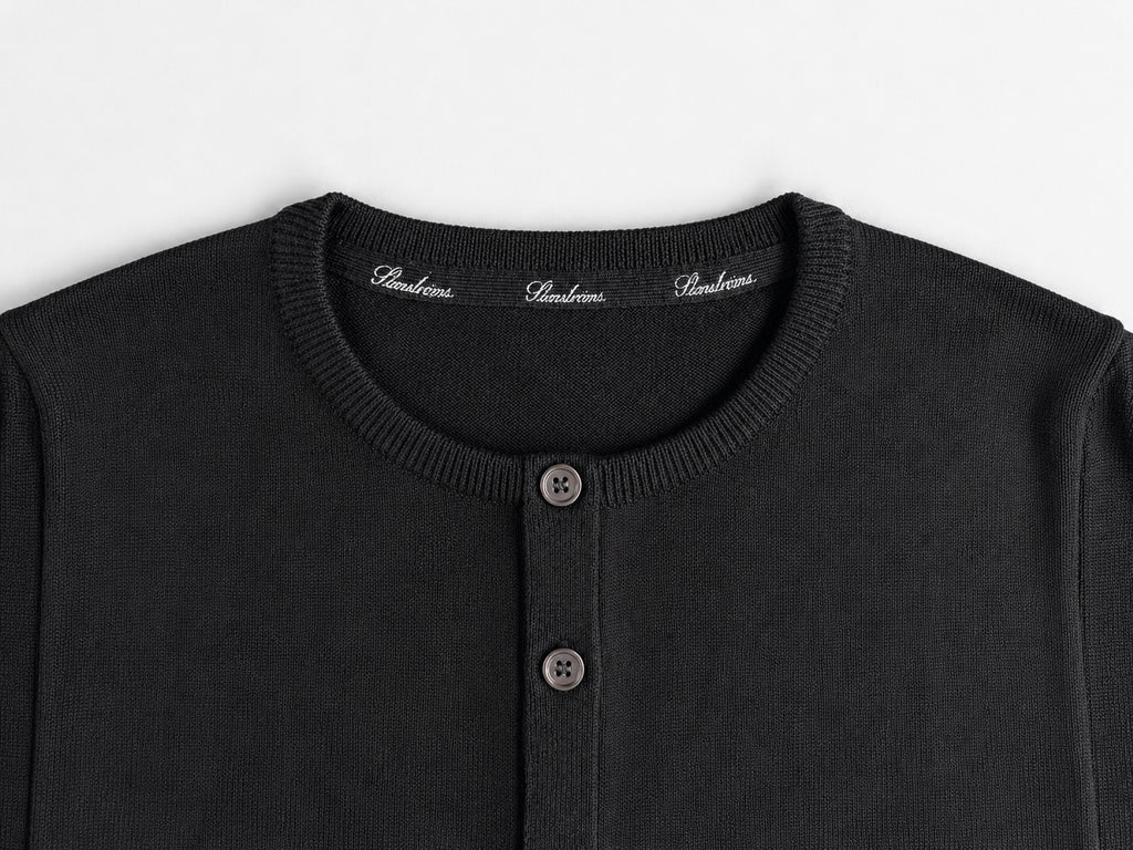 Black Merino Wool Crew Neck Cardigan